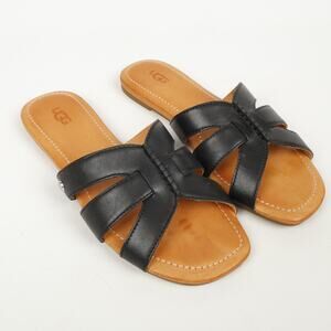 UGG Womens 8 Teague Slides Sandals Black Leather Comfort Quiet Luxury Feminine